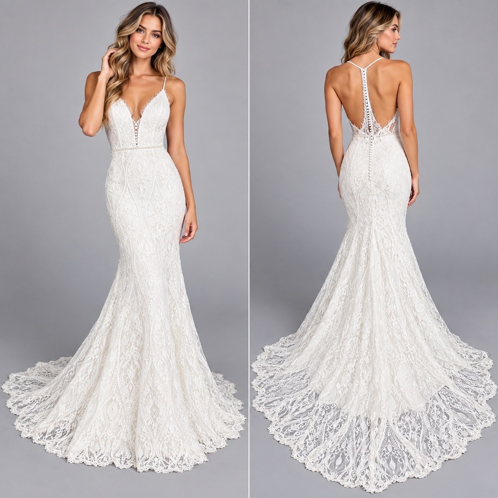 Val Sefani Lace Wedding Dress Womens XS White V-Neck T-Back Beaded Mermaid Train